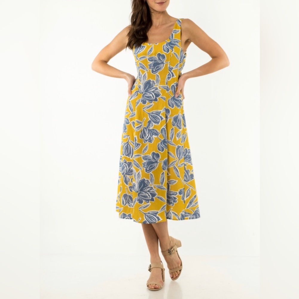 Spencer + Shaw back knot dress yellow & blue floral size large NWT